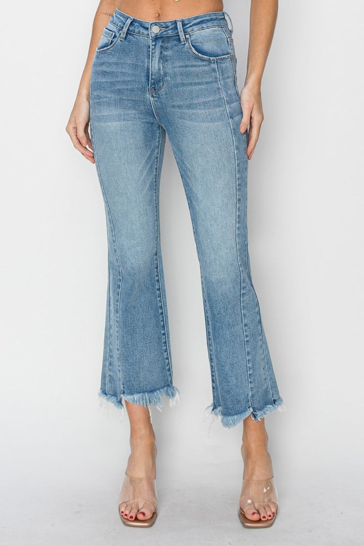 RISEN Full Size High Rise Frayed Hem Flare Jeans-3
