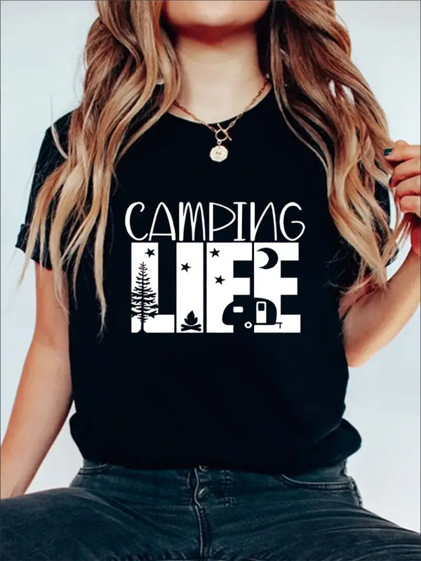 Camping Life Graphic Print Solid T-Shirt, Crew Neck Short Sleeve Casual Top For Summer & Spring, Women's Clothing