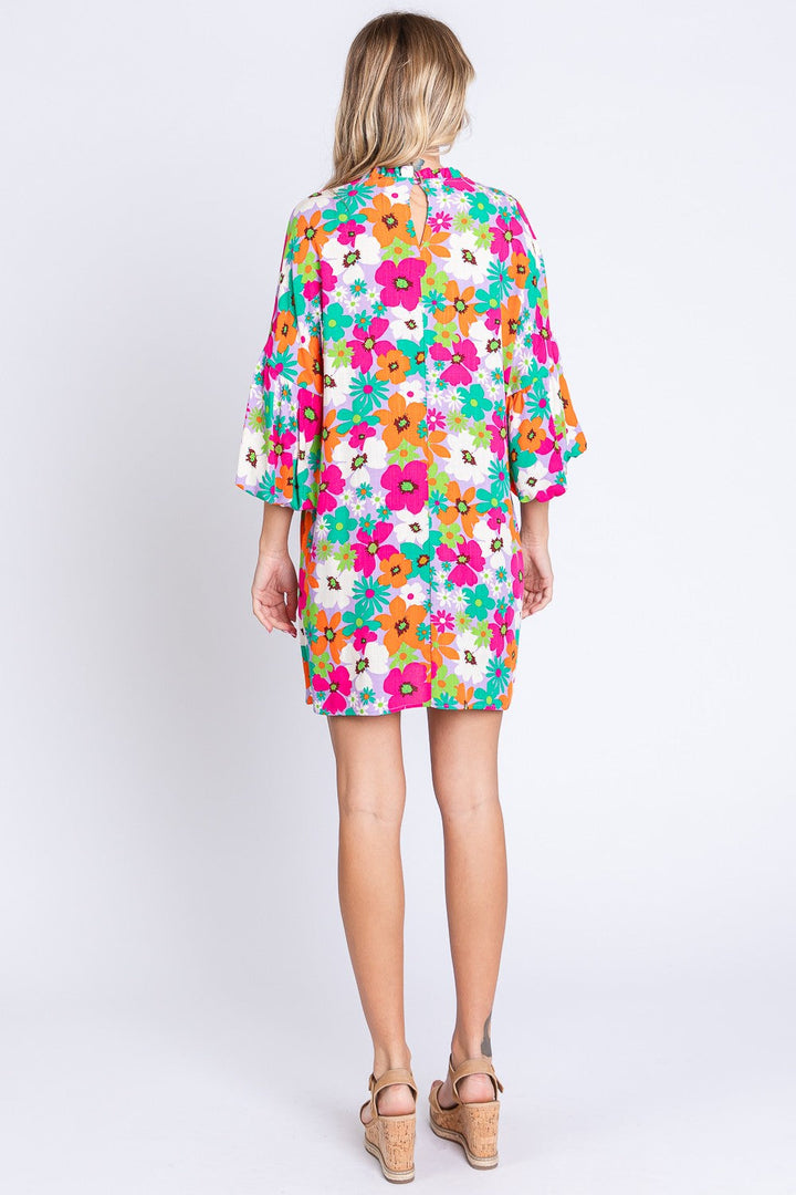 GeeGee Full Size Floral Round Neck Lantern Sleeve Mini Dress-3