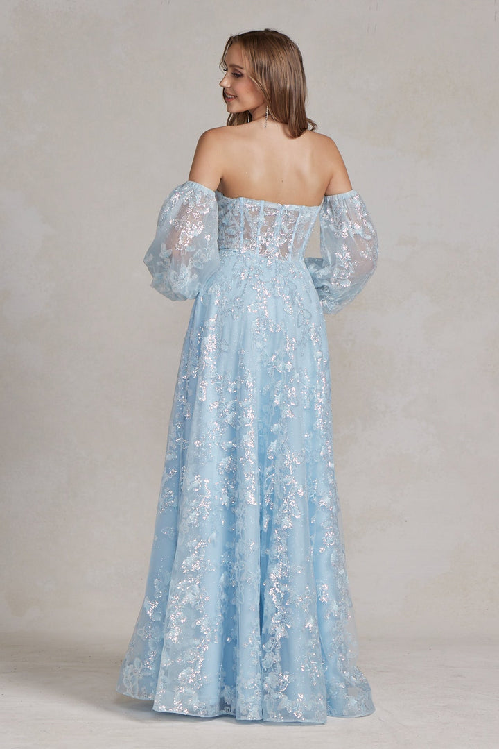 Off Shoulder Sweetheart Sheer Bodice Side Slit Open Back Long Prom Dress NXK1155-3