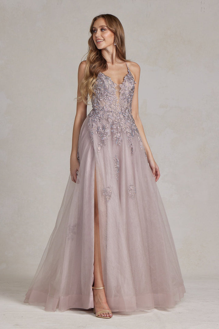 A-Line Tulle Skirt Embroidered Lace Long Prom Dress NXG1149-3