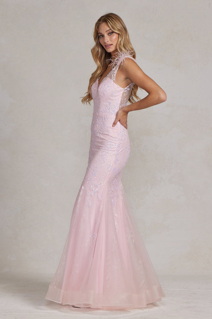 Illusion Sweetheart Straps Mermaid Feather Embellished Long Prom Dress NXT1208-3