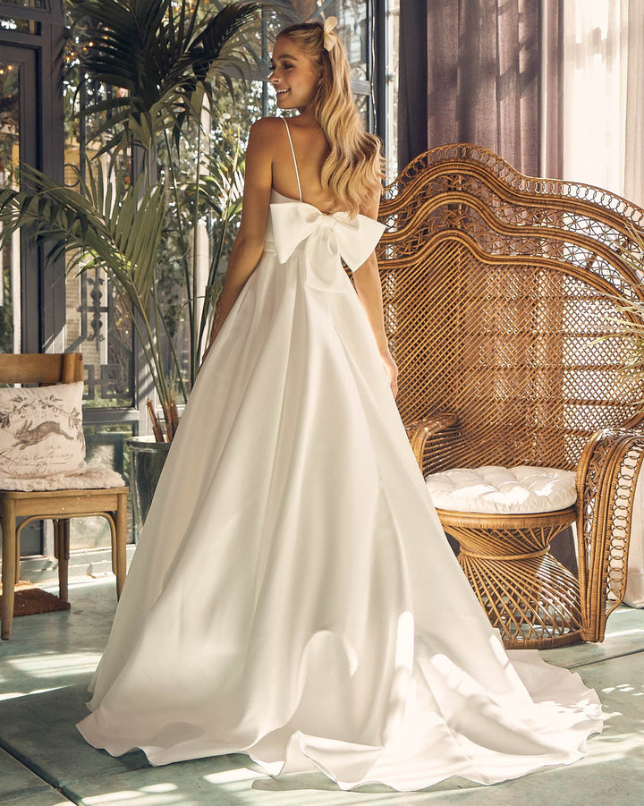 Illusion Straight Across A-Line Satin Spaghetti Straps Long Wedding Dress NXJE968-3
