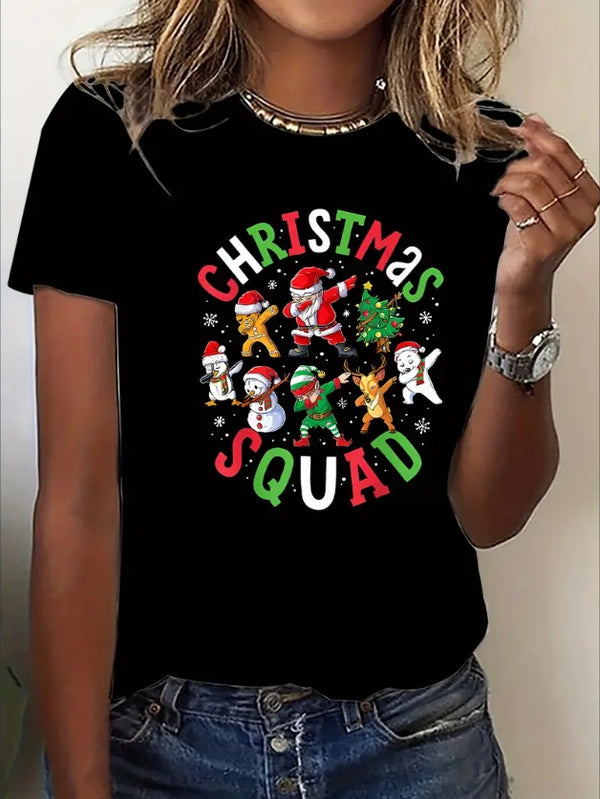 Elegant Y2K-Inspired Christmas Tee For Women - Gingerbread, Snowman & Reindeer Print  Casual Crew Neck Short Sleeve Top Machine Washable