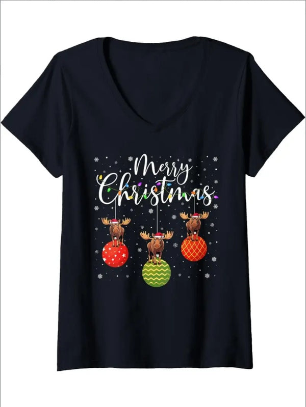 Womens Merry Christmas Lights Santa Hat Moose Ugly Xmas V-Neck T-Shirt-Womens Essen-tials T-Shirt  Classic Fit T-Shirt For Women Trump T-Shirt Kamala Harris Waltz T-Shirt