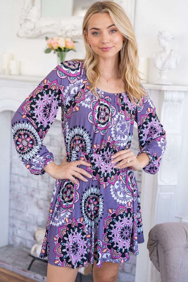 White Birch Printed Long Sleeve Mini Dress with Short Liner-0