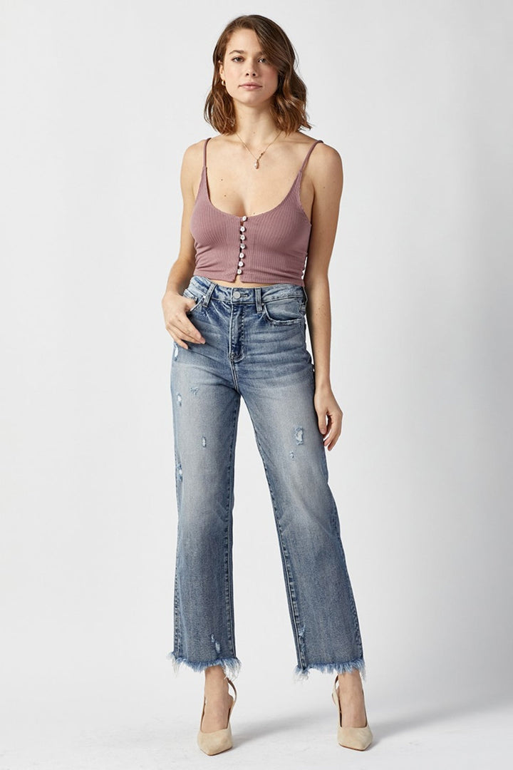 RISEN High Waist Raw Hem Straight Jeans-3