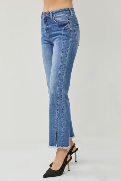RISEN High Waist Raw Hem Slit Straight Jeans-3