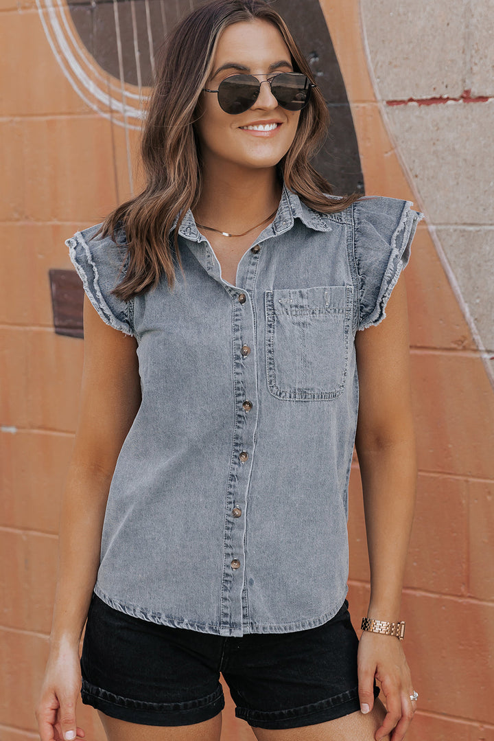 Bridget Frayed Ruffle Sleeve Denim Shirt-3