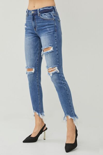 RISEN Distressed Frayed Hem Slim Jeans-3