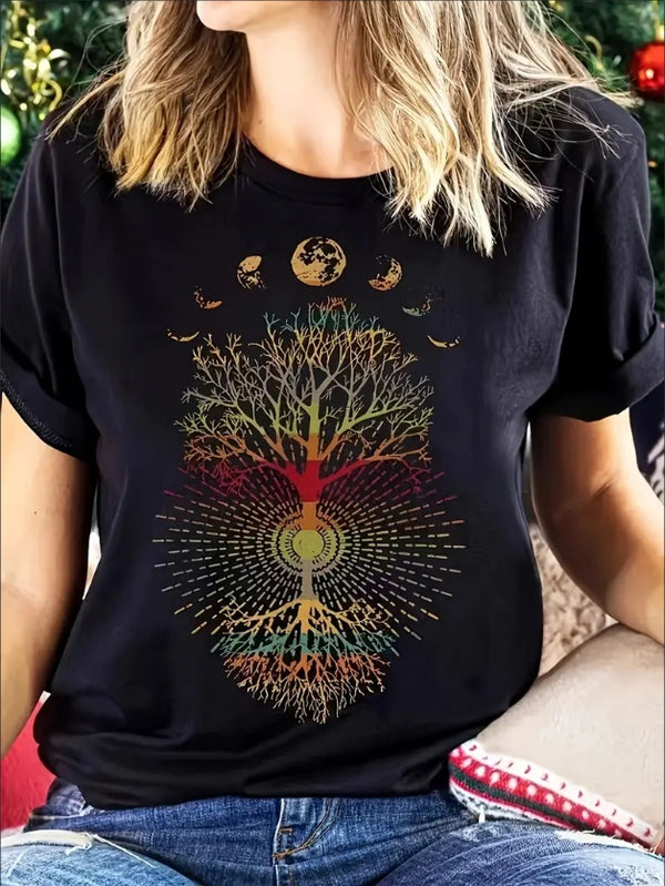 Tree Print Crew Neck T-Shirt, Casual Short Sleeve T-Shirt For Spring & Summer, Women's Clothing