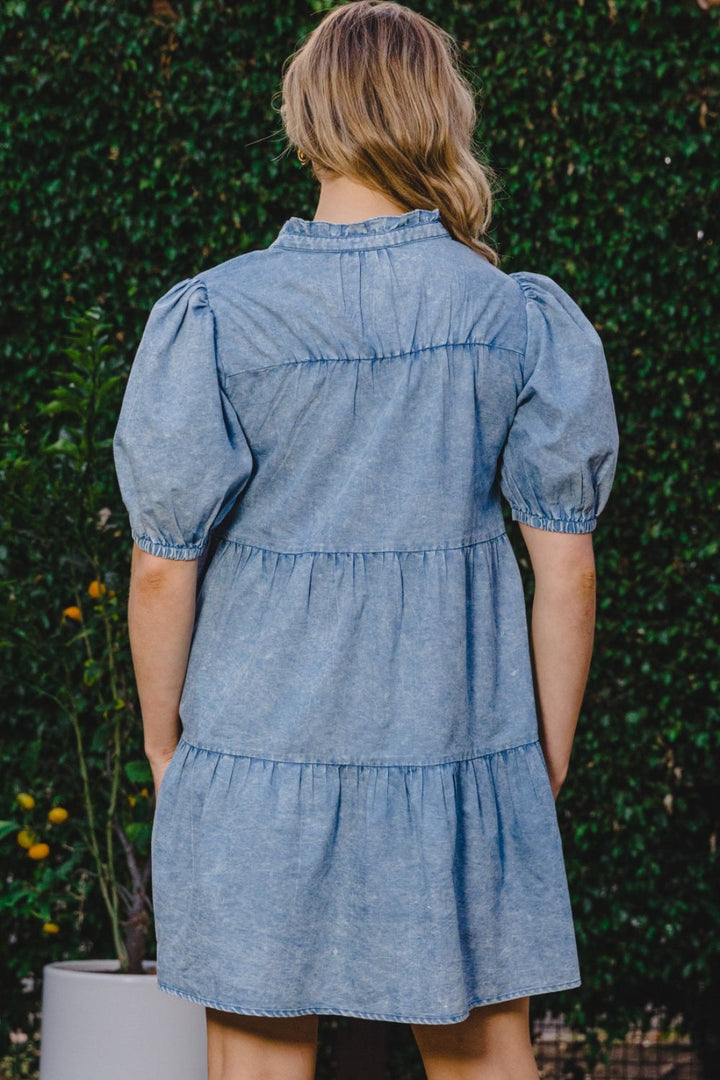 ODDI Washed Tiered Mini Denim Dress-1
