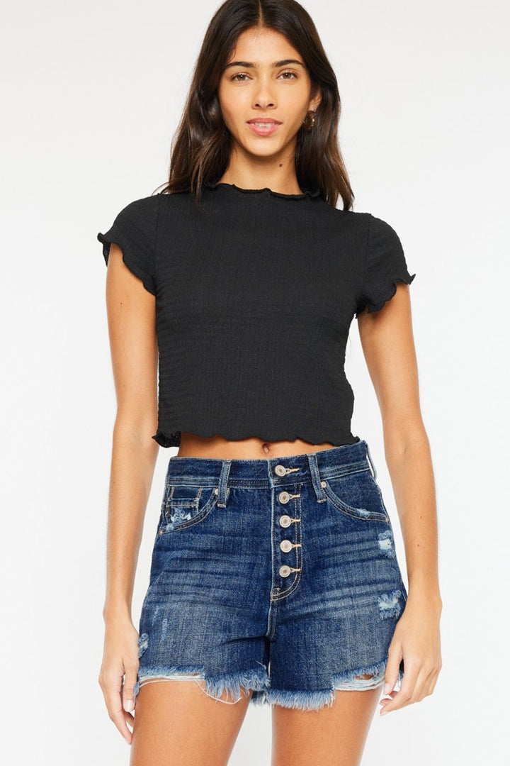Kancan Raw Hem Button-Fly Denim Shorts-0