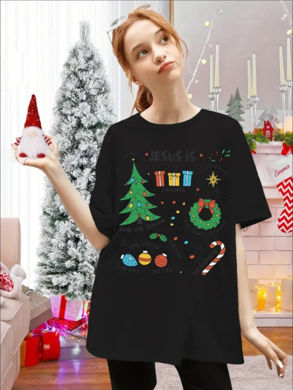 Merry Christmas Print Creative T-Shirts, Elastic Comfy Crew Neck Short Sleeve Tee, Summer Tops For Girls