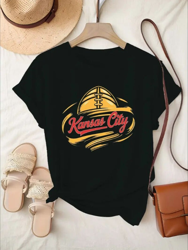 KC, Football Graphic Print T-Shirt - Crew Neck, A Comfortable Women's Short-sleeved Crew Neck T-shirt For Everyday Wear And Stylish Layering