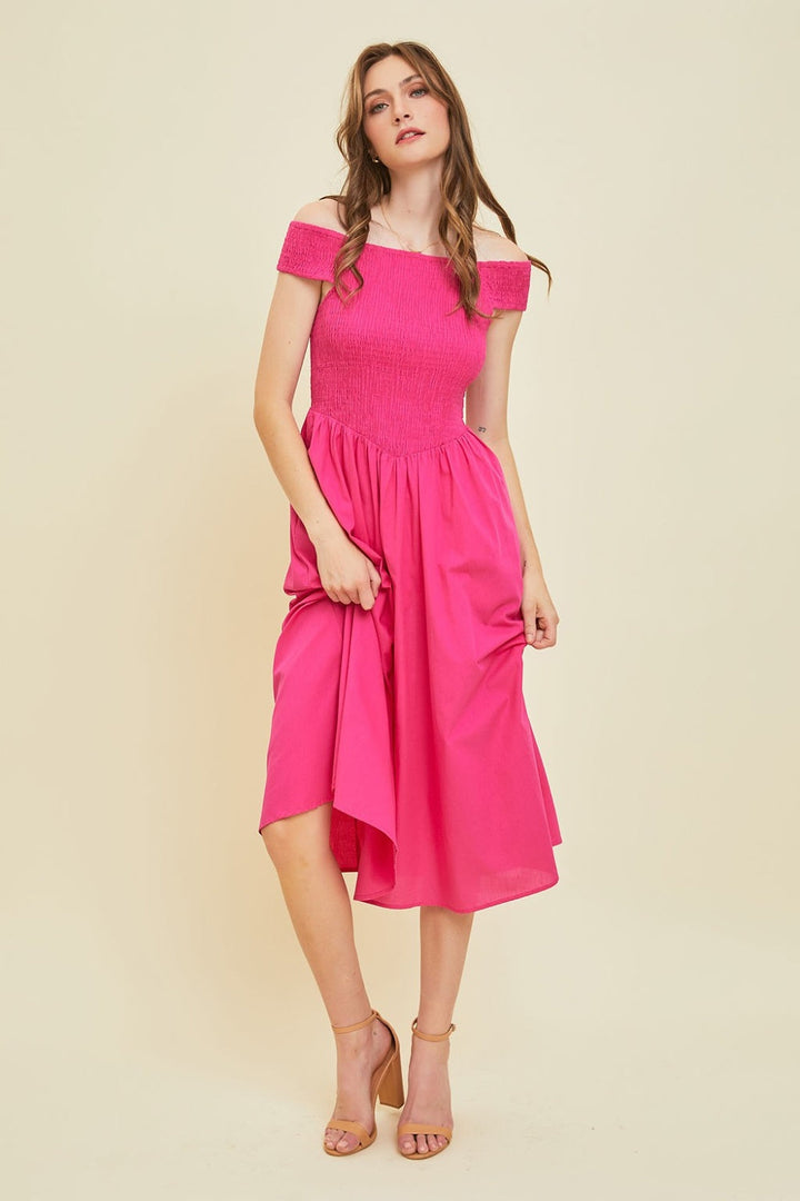 HEYSON Off-Shoulder Smocked Midi Dress-3