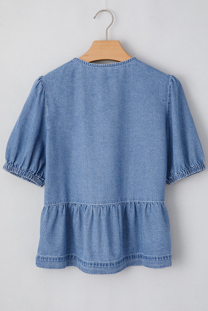 Hope Tied Front Bubble Sleeve Peplum Denim Shirt-4