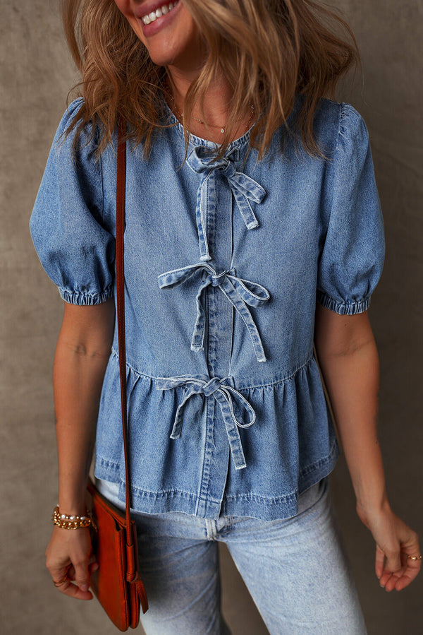 Hope Tied Front Bubble Sleeve Peplum Denim Shirt-0