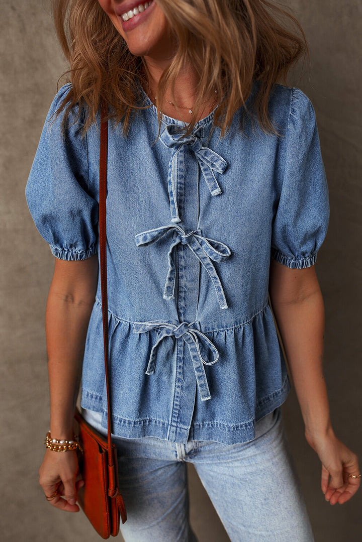 Hope Tied Front Bubble Sleeve Peplum Denim Shirt-0