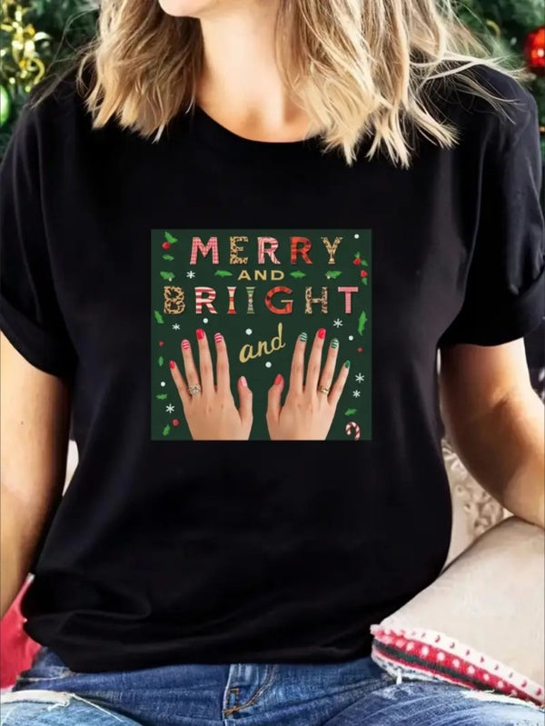 Merry And Bright Christmas T-Shirt For Women - Casual Crew Neck Short Sleeve Top With Festive Alphabet Print,Regular Fit Holiday Tee