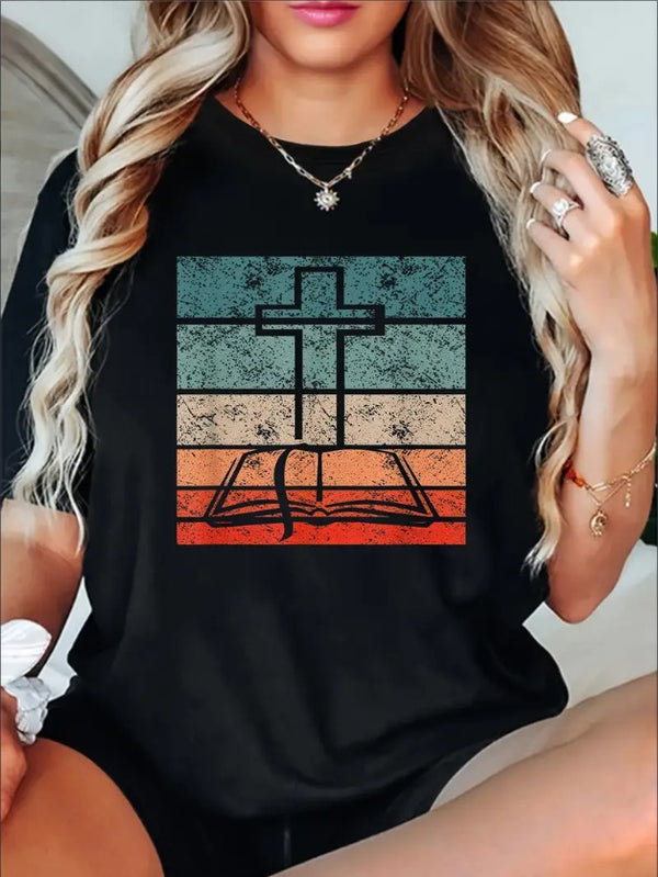 Crucifix And Bible Print Tee, Casual Short Sleeve Crew Neck T-shirt, Women'S Clothing