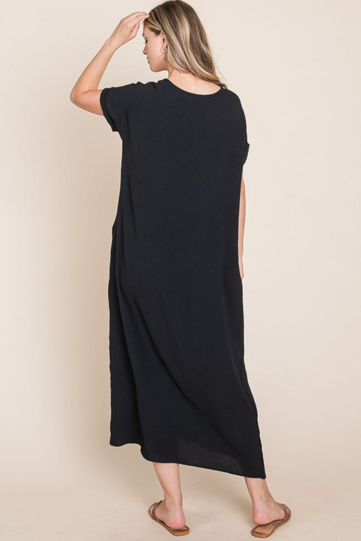 BOMBOM Round Neck Short Sleeve Midi Dress with Pockets-1