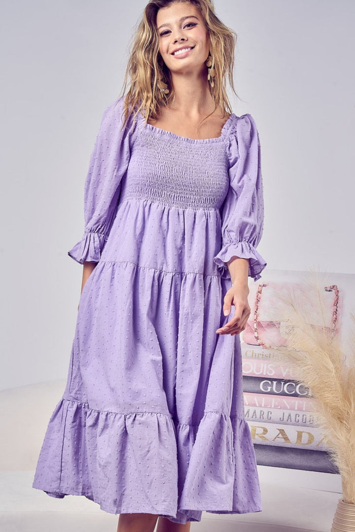 BiBi Swiss Dot Flounce Sleeve Smocked Tiered Midi Dress-2