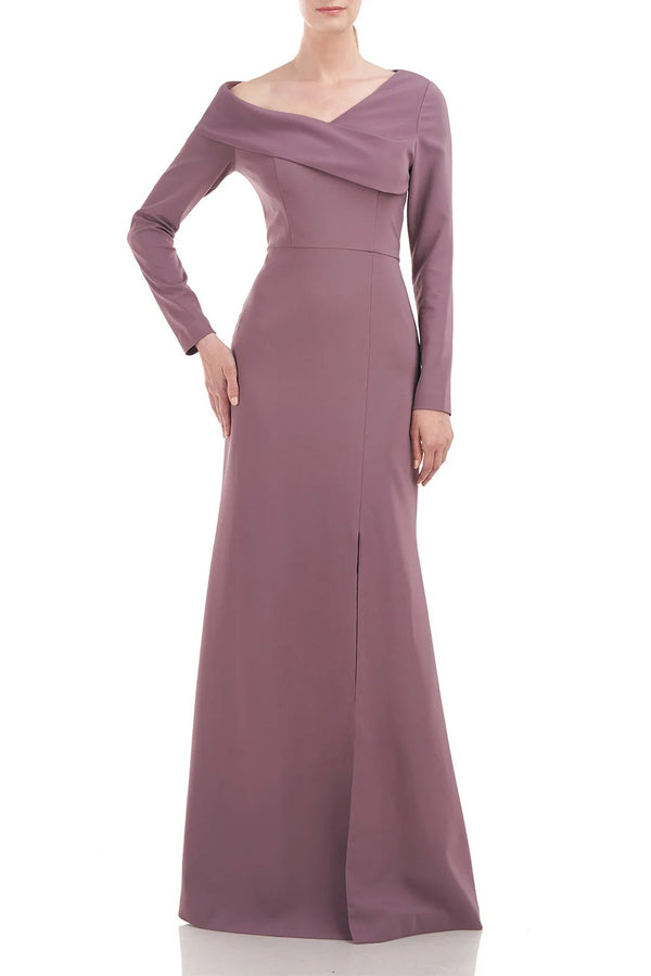 Kay Unger Asymmetrical Draped Neckline Long Sleeve Bodycon Zipper Back Stretch Crepe Gown-0