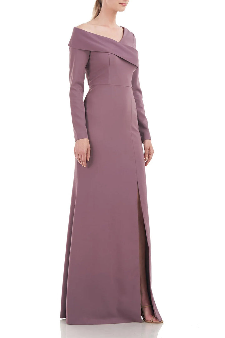 Kay Unger Asymmetrical Draped Neckline Long Sleeve Bodycon Zipper Back Stretch Crepe Gown-1