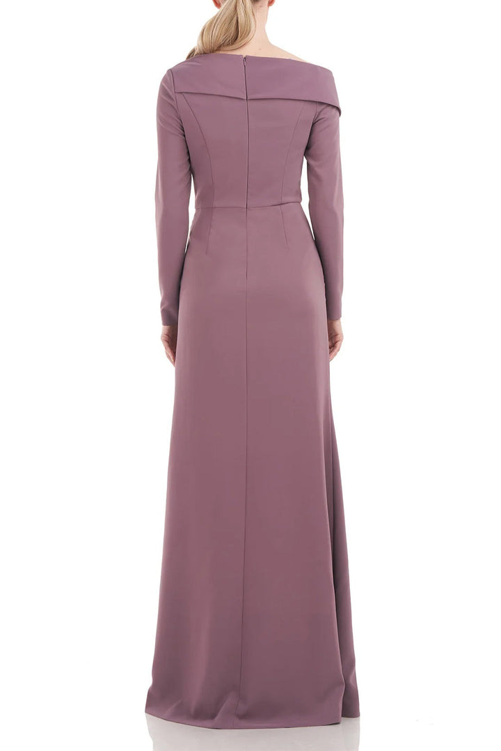 Kay Unger Asymmetrical Draped Neckline Long Sleeve Bodycon Zipper Back Stretch Crepe Gown-2