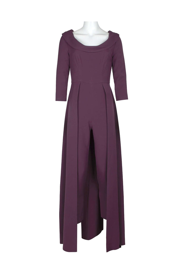 Kay Unger Scoop Neck 3/4 Sleeve Lapel Collar Solid Stretch Crepe Jumpsuit-4