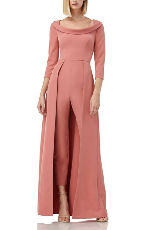 Kay Unger Scoop Neck 3/4 Sleeve Lapel Collar Solid Stretch Crepe Jumpsuit-0