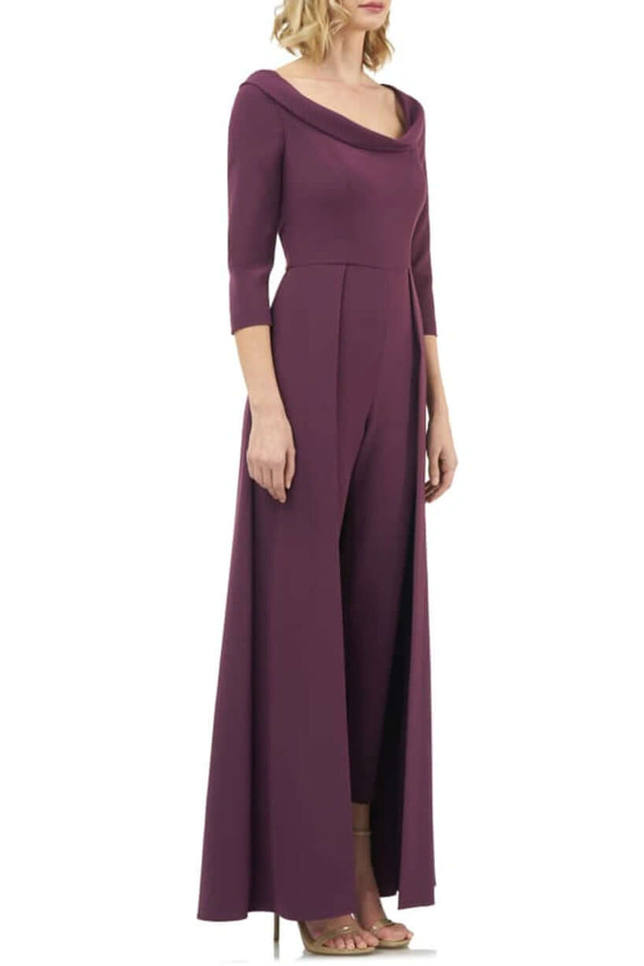 Kay Unger Scoop Neck 3/4 Sleeve Lapel Collar Solid Stretch Crepe Jumpsuit-3