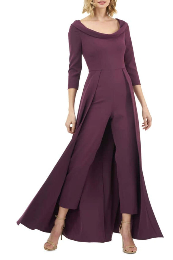 Kay Unger Scoop Neck 3/4 Sleeve Lapel Collar Solid Stretch Crepe Jumpsuit-0