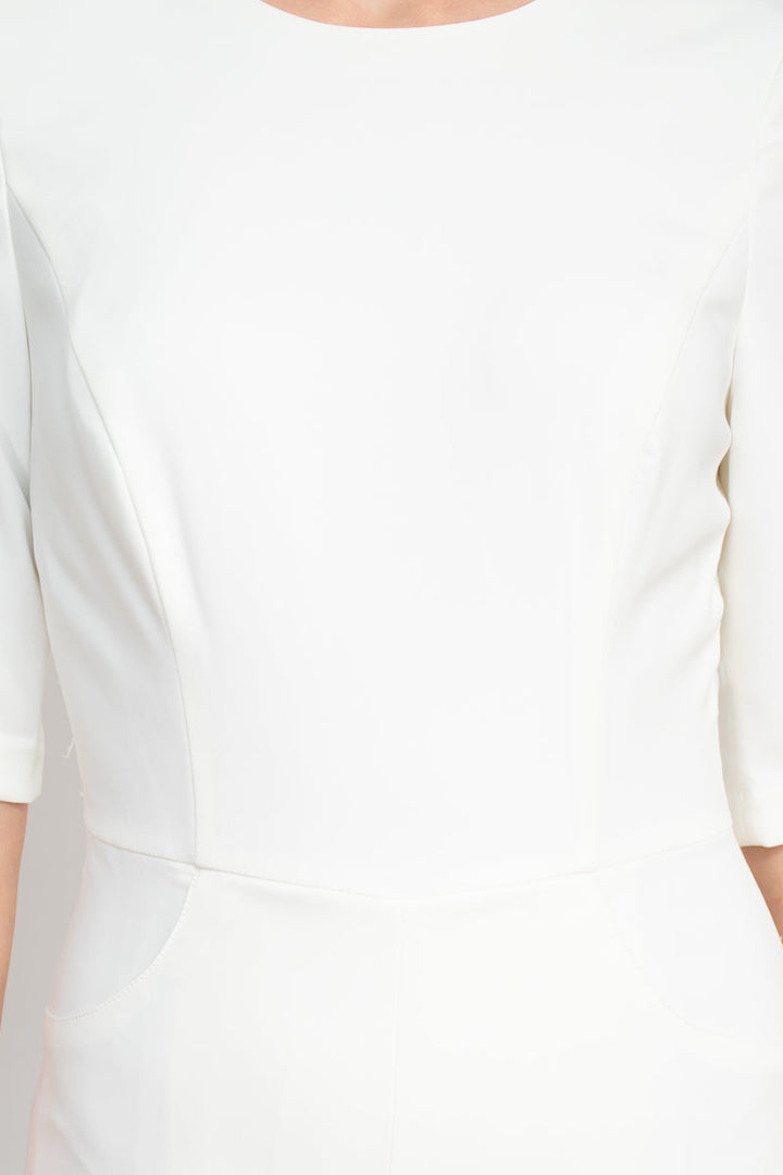 Kay Unger jewel neck elbow sleeve pleated front fitted bodice wide legs zipper back scuba crepe jumpsuit-3