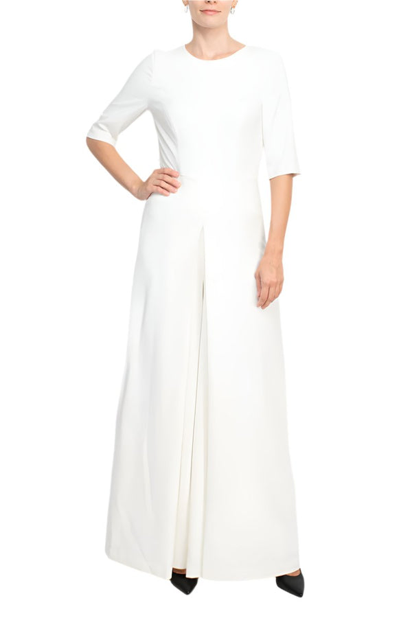 Kay Unger jewel neck elbow sleeve pleated front fitted bodice wide legs zipper back scuba crepe jumpsuit-0