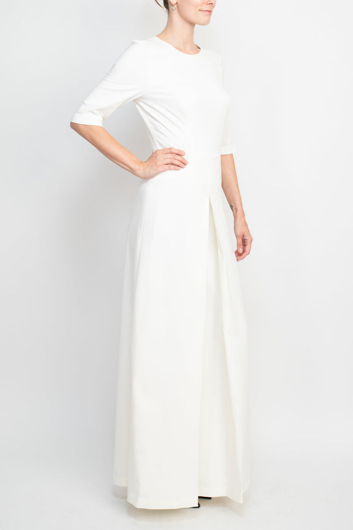 Kay Unger jewel neck elbow sleeve pleated front fitted bodice wide legs zipper back scuba crepe jumpsuit-1