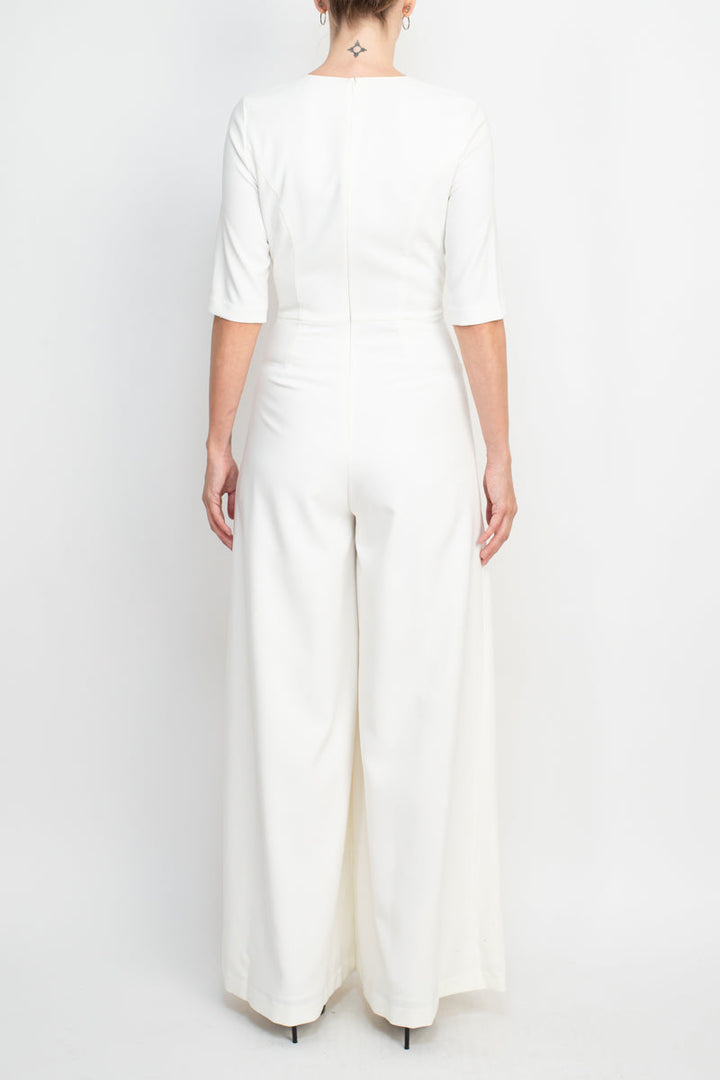 Kay Unger jewel neck elbow sleeve pleated front fitted bodice wide legs zipper back scuba crepe jumpsuit-2