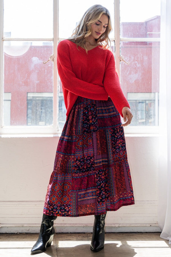 ODDI Full Size Printed Tiered Maxi Skirt-0