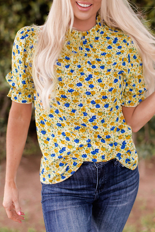 Nova Short Sleeve Frill Mock Neck Blouse-0