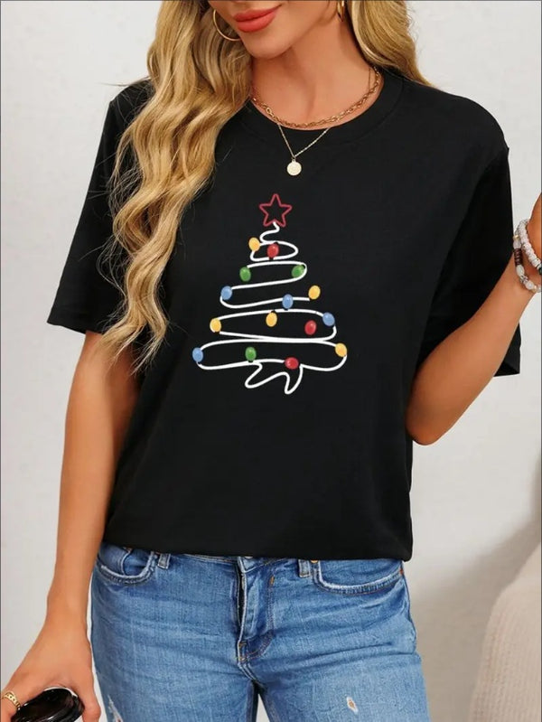 Women's Casual Crew Neck T-Shirt With Geometric Christmas Tree Print, Soft Micro Elasticity, All-Season Street Style Top, Christmas Tree With Balloons And Stars