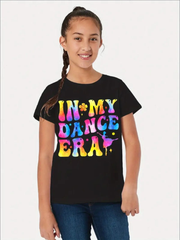 Girls' Vibrant Gradient Letter Print Casual Sports Tee - Crew Neck, Machine Washable - Perfect For Summer