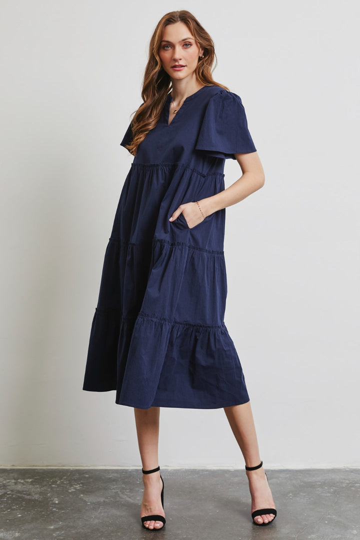 HEYSON Full Size Cotton Poplin Ruffled Tiered Midi Dress-0