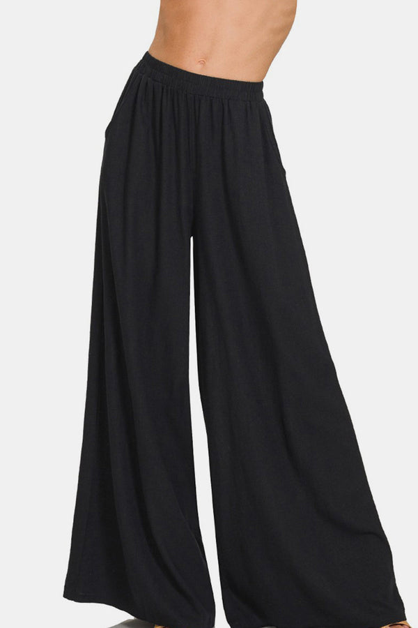 Zenana Pleated Linen Blend Wide Leg Pants-0