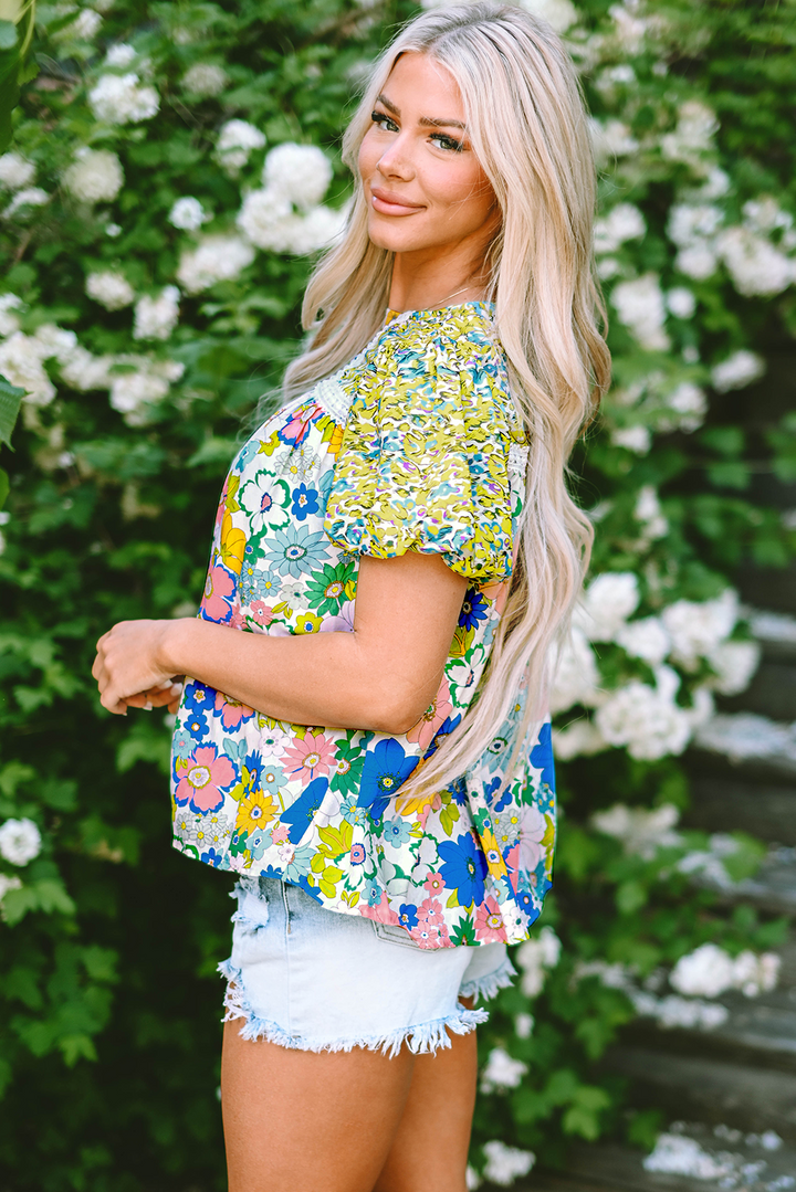 Samira Bubble Sleeve Lace Trim Floral Blouse-2