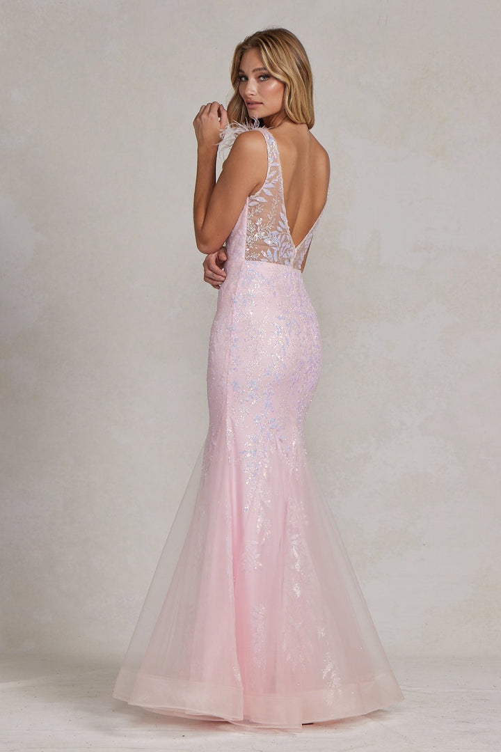 Illusion Sweetheart Straps Mermaid Feather Embellished Long Prom Dress NXT1208-4