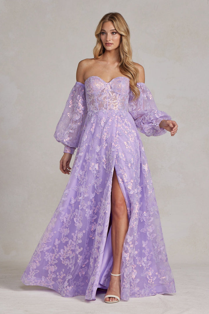 Off Shoulder Sweetheart Sheer Bodice Side Slit Open Back Long Prom Dress NXK1155-4