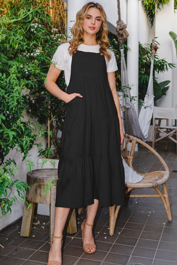 ODDI Full Size Sleeveless Tiered Midi Dress-0