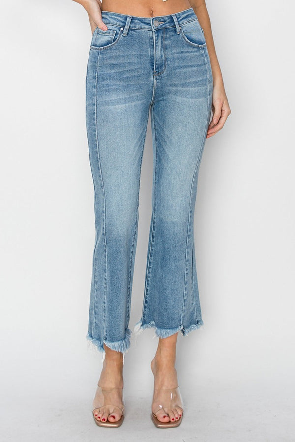 RISEN Full Size High Rise Frayed Hem Flare Jeans-0