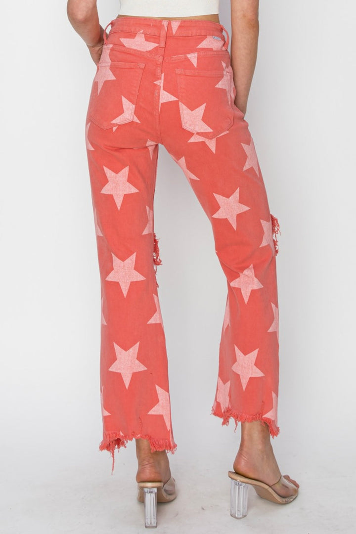 RISEN Full Size Distressed Raw Hem Star Pattern Jeans-1